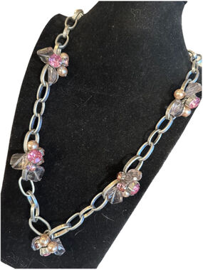 Vintage Loft Chunky Pink Rhinestone Cluster Long Necklace Brushed Pewter Chain